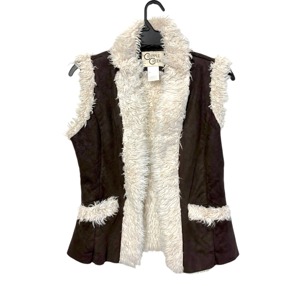 Cripple Creek Women’s Brown Faux-Suede Vest with Cream Sherpa Trim